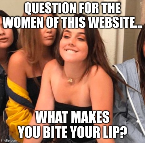 why do they do that? I don't understand why they do it. | QUESTION FOR THE WOMEN OF THIS WEBSITE... WHAT MAKES YOU BITE YOUR LIP? | image tagged in girl bite lips | made w/ Imgflip meme maker