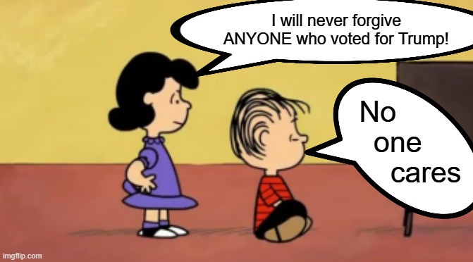 With all the "celebrities" moving out of country, NO ONE CARES | I will never forgive ANYONE who voted for Trump! No 
     one 
           cares | image tagged in lucy and linus watching tv | made w/ Imgflip meme maker