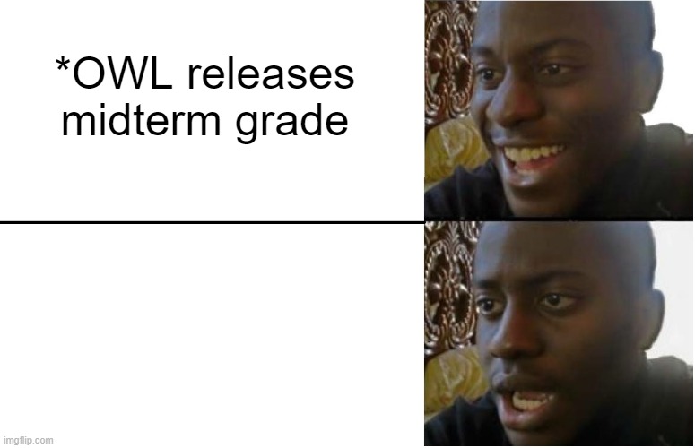Seeing a bad grade on OWL | *OWL releases midterm grade | image tagged in disappointed black guy | made w/ Imgflip meme maker