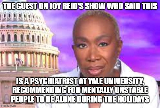 Joy Reid Show | THE GUEST ON JOY REID'S SHOW WHO SAID THIS IS A PSYCHIATRIST AT YALE UNIVERSITY, RECOMMENDING FOR MENTALLY UNSTABLE PEOPLE TO BE ALONE DURIN | image tagged in joy reid show | made w/ Imgflip meme maker