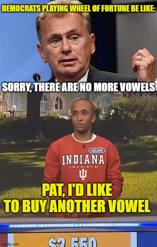 DEMOCRATS PLAYING WHEEL OF FORTUNE BE LIKE:; SORRY, THERE ARE NO MORE VOWELS; PAT, I'D LIKE TO BUY ANOTHER VOWEL | image tagged in pat sajak going postal,wheel of fortune | made w/ Imgflip meme maker