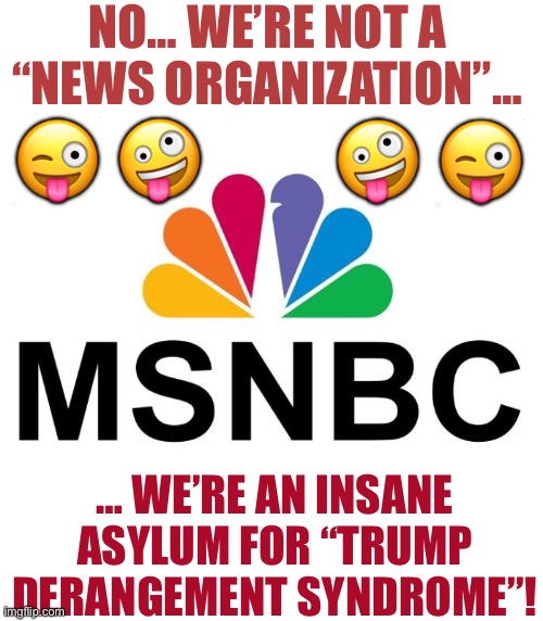 Msnbc | NO… WE’RE NOT A “NEWS ORGANIZATION”…; 😜 🤪; 🤪 😜; … WE’RE AN INSANE ASYLUM FOR “TRUMP DERANGEMENT SYNDROME”! | image tagged in msnbc | made w/ Imgflip meme maker