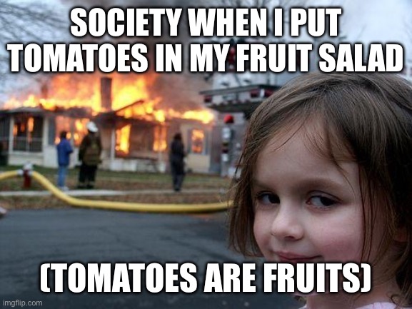 I have committed a crime. | SOCIETY WHEN I PUT TOMATOES IN MY FRUIT SALAD; (TOMATOES ARE FRUITS) | image tagged in memes,disaster girl | made w/ Imgflip meme maker