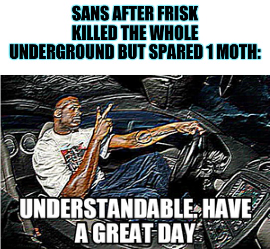 UNDERSTANDABLE, HAVE A GREAT DAY | SANS AFTER FRISK KILLED THE WHOLE UNDERGROUND BUT SPARED 1 MOTH: | image tagged in understandable have a great day | made w/ Imgflip meme maker