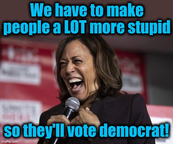 Kamala laughing | We have to make people a LOT more stupid so they'll vote democrat! | image tagged in kamala laughing | made w/ Imgflip meme maker