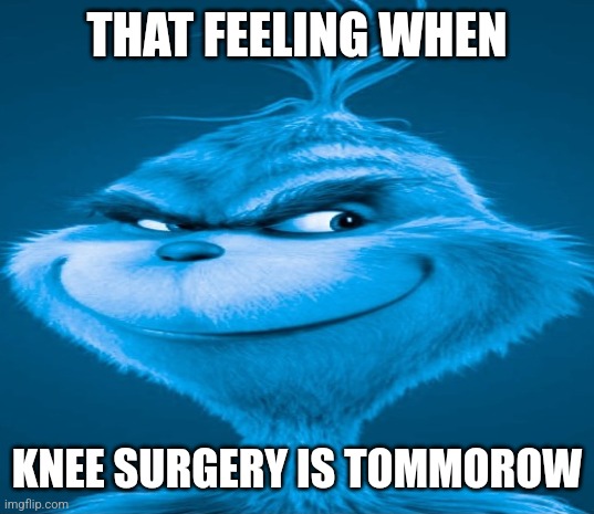 Knee surgery meme | THAT FEELING WHEN; KNEE SURGERY IS TOMMOROW | image tagged in blue grinch,memes | made w/ Imgflip meme maker