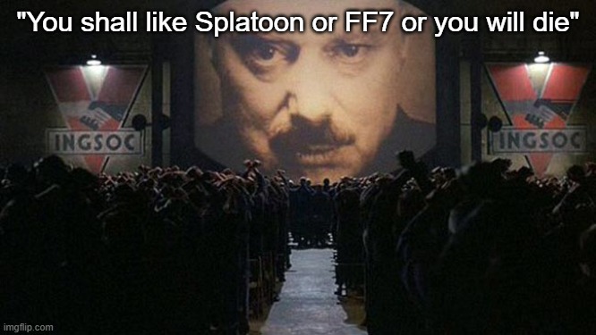 1984 | "You shall like Splatoon or FF7 or you will die" | image tagged in 1984 | made w/ Imgflip meme maker