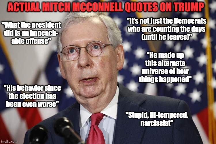 Actual Mitch McConnell quotes on "President" Drumpf | ACTUAL MITCH MCCONNELL QUOTES ON TRUMP; "It’s not just the Democrats
who are counting the days
(until he leaves)"; "What the president
did is an impeach-
able offense"; "He made up
this alternate
universe of how
things happened"; "His behavior since
the election has
been even worse"; "Stupid, ill-tempered,
narcissist" | made w/ Imgflip meme maker