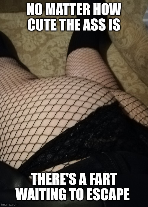 Ass | NO MATTER HOW CUTE THE ASS IS; THERE'S A FART WAITING TO ESCAPE | image tagged in ass,fart,sexy,cute,fishnets | made w/ Imgflip meme maker