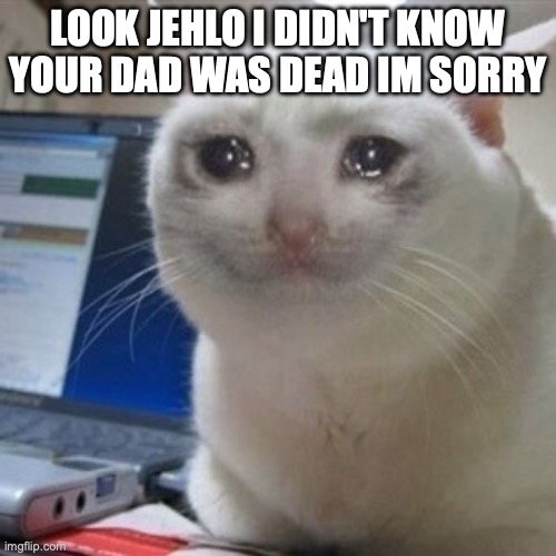 Crying cat | LOOK JEHLO I DIDN'T KNOW YOUR DAD WAS DEAD IM SORRY | image tagged in crying cat | made w/ Imgflip meme maker