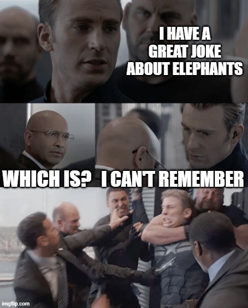 Who doesn't forget? | I HAVE A GREAT JOKE ABOUT ELEPHANTS; WHICH IS? I CAN'T REMEMBER | image tagged in captain america elevator,joke,elephant,jokes,dad joke | made w/ Imgflip meme maker