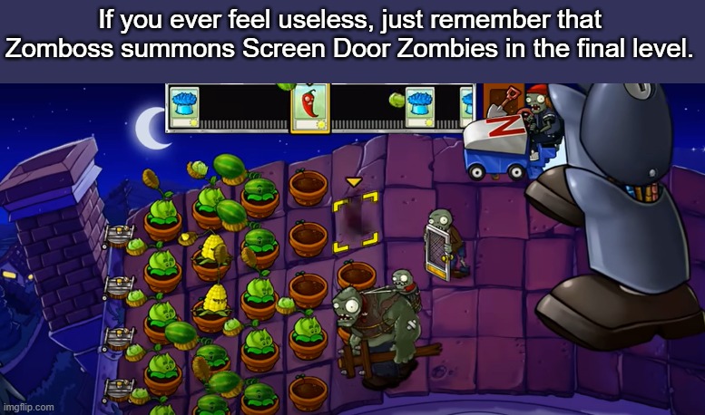 What's the point? | If you ever feel useless, just remember that Zomboss summons Screen Door Zombies in the final level. | image tagged in video games,pvz,memes,gaming | made w/ Imgflip meme maker