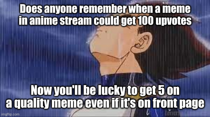 *sad Naruto music plays* | Does anyone remember when a meme in anime stream could get 100 upvotes; Now you'll be lucky to get 5 on a quality meme even if it's on front page | image tagged in sad vegeta,sad but true,good old days,sad,dragon ball,anime | made w/ Imgflip meme maker