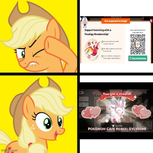 Applejack hates Prodigy Membership for $100 to get everything in game but likes Sylveon Pass for $20 to get Sylveon for free | image tagged in pony drake meme,applejack,mylittlepony,sylveon,pokemon,prodigy | made w/ Imgflip meme maker