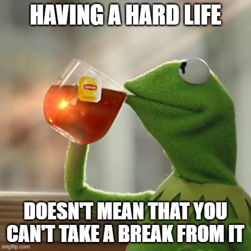 But That's None Of My Business | HAVING A HARD LIFE; DOESN'T MEAN THAT YOU CAN'T TAKE A BREAK FROM IT | image tagged in memes,but that's none of my business,kermit the frog | made w/ Imgflip meme maker