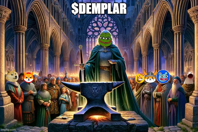 The chosen degens | $DEMPLAR | image tagged in king arthur and the sword in the stone,memes,pepe,doge,crypto,memecoin | made w/ Imgflip meme maker