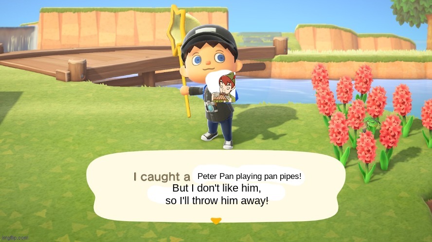 I caught a Peter Pan Playing Pan Pipes | Peter Pan playing pan pipes! But I don't like him, so I'll throw him away! | image tagged in animal crossing i caught a thing,animal crossing,peter pan,pan flute,pan pipes,panpipes | made w/ Imgflip meme maker