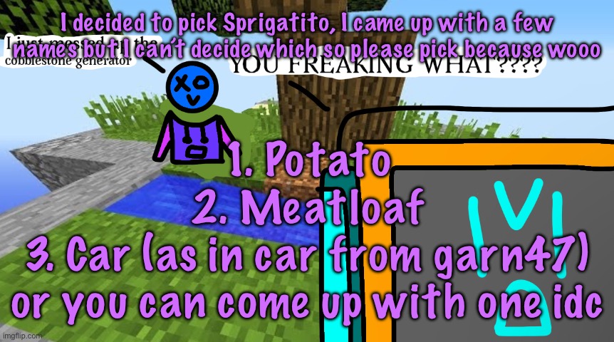 Carbo messed up the cobblestone generator | I decided to pick Sprigatito, I came up with a few names but I can’t decide which so please pick because wooo; 1. Potato
2. Meatloaf
3. Car (as in car from garn47)
or you can come up with one idc | image tagged in carbo messed up the cobblestone generator,cinnabox announcement | made w/ Imgflip meme maker