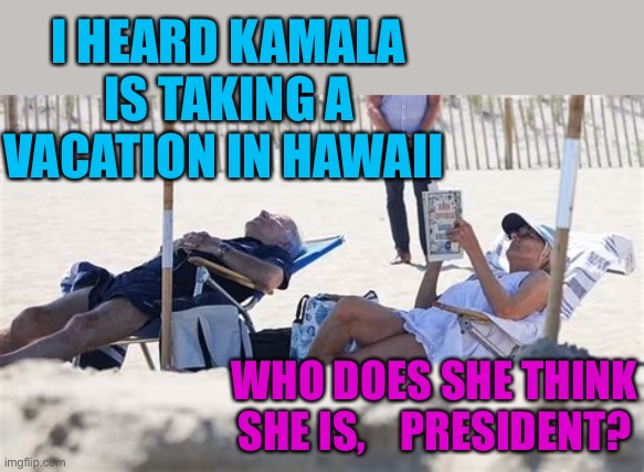 Kamala acting like she’s the President | I HEARD KAMALA IS TAKING A VACATION IN HAWAII; WHO DOES SHE THINK SHE IS,    PRESIDENT? | image tagged in biden at the beach,kamala harris,sad joe biden,incompetence,presidential election | made w/ Imgflip meme maker