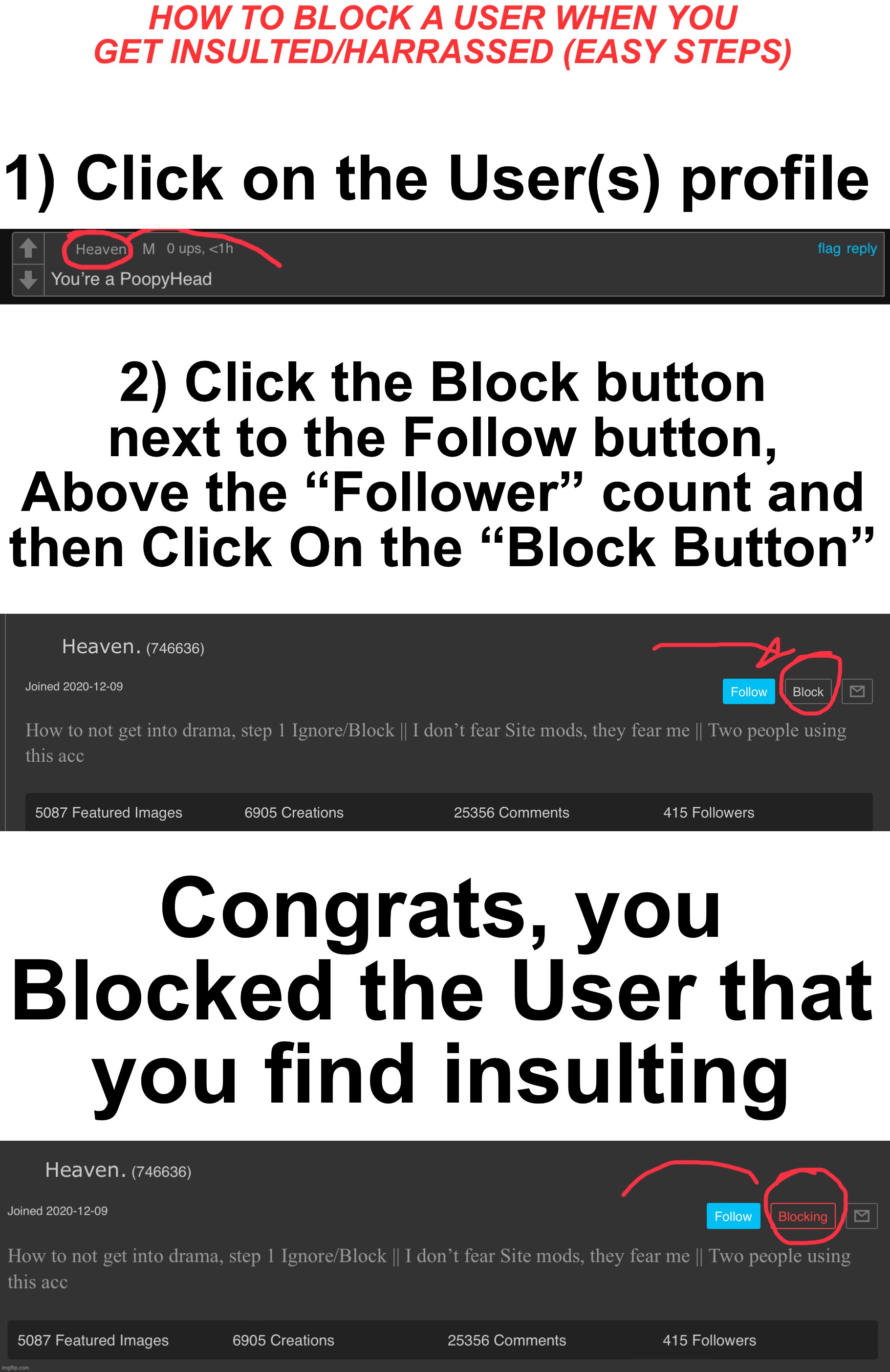 How to block users on Imgflip to avoid funny drama (Easy Steps) | HOW TO BLOCK A USER WHEN YOU GET INSULTED/HARRASSED (EASY STEPS); 1) Click on the User(s) profile; 2) Click the Block button next to the Follow button, Above the “Follower” count and then Click On the “Block Button”; Congrats, you Blocked the User that you find insulting | image tagged in memes,funny,msmg,how to block users on imgflip,imgflip | made w/ Imgflip meme maker