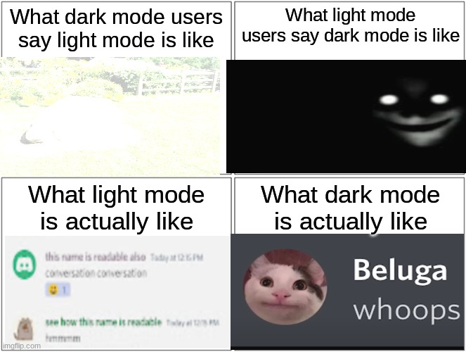 Blank Comic Panel 2x2 | What dark mode users say light mode is like; What light mode users say dark mode is like; What light mode is actually like; What dark mode is actually like | image tagged in memes,blank comic panel 2x2 | made w/ Imgflip meme maker