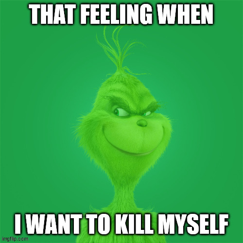 slightly more green grinch | THAT FEELING WHEN I WANT TO KILL MYSELF | image tagged in slightly more green grinch | made w/ Imgflip meme maker