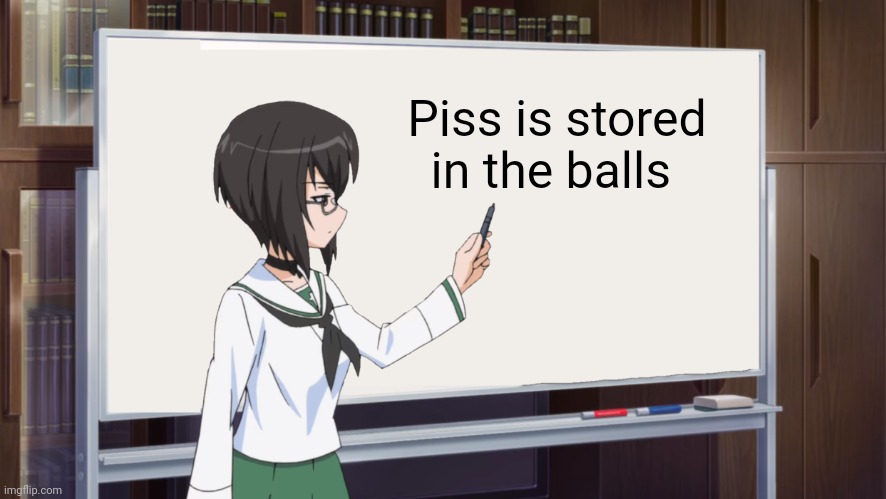 Girls und panzer teaching momment | Piss is stored in the balls | image tagged in girls und panzer teaching momment | made w/ Imgflip meme maker