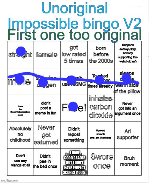 SpoopyVietnameseDude's unoriginal impossible bingo V2 | I HAVE GOOD GRADES BUT I DON'T HAVE PERFECT SCORES (100%) | image tagged in spoopyvietnamesedude's unoriginal impossible bingo v2 | made w/ Imgflip meme maker