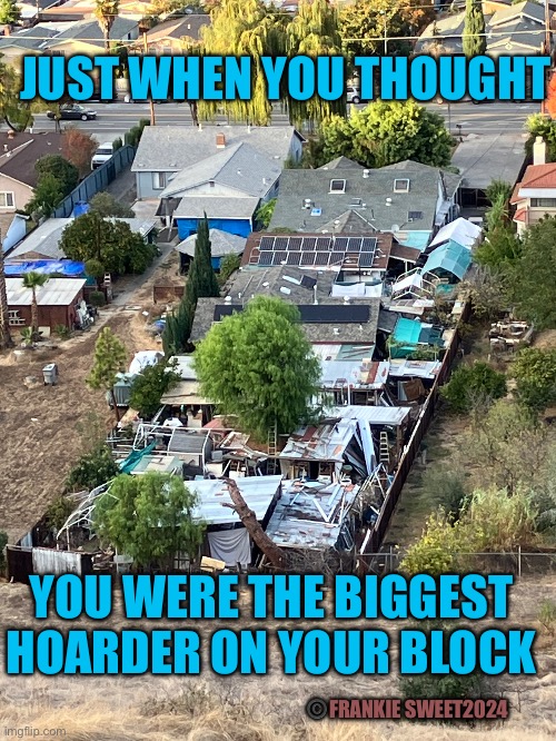 Biggest hoarder | JUST WHEN YOU THOUGHT; YOU WERE THE BIGGEST HOARDER ON YOUR BLOCK; ©️FRANKIE SWEET2024 | image tagged in clutter,hoarder,collection,trashy yard,back yard | made w/ Imgflip meme maker