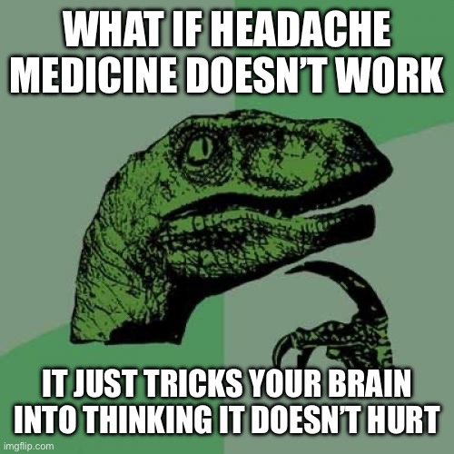 Prove me wrong | WHAT IF HEADACHE MEDICINE DOESN’T WORK; IT JUST TRICKS YOUR BRAIN INTO THINKING IT DOESN’T HURT | image tagged in memes,philosoraptor,funny,smart,headache,headaches | made w/ Imgflip meme maker