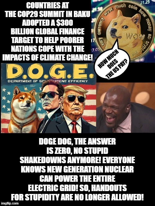 DOGE dog says the US will pay 0 for this stupidity!! | DOGE DOG, THE ANSWER IS ZERO, NO STUPID SHAKEDOWNS ANYMORE! EVERYONE KNOWS NEW GENERATION NUCLEAR CAN POWER THE ENTIRE ELECTRIC GRID! SO, HANDOUTS FOR STUPIDITY ARE NO LONGER ALLOWED! | image tagged in sam elliott special kind of stupid,greta thunberg how dare you,climate change,test your stupidity | made w/ Imgflip meme maker