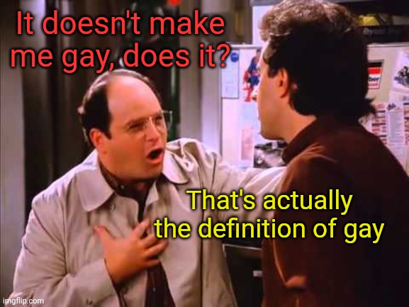 George and Jerry | It doesn't make me gay, does it? That's actually the definition of gay | image tagged in george and jerry | made w/ Imgflip meme maker