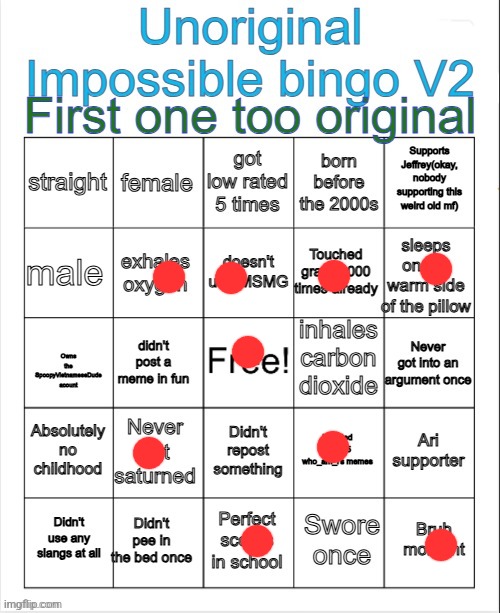 SpoopyVietnameseDude's unoriginal impossible bingo V2 | image tagged in spoopyvietnamesedude's unoriginal impossible bingo v2 | made w/ Imgflip meme maker