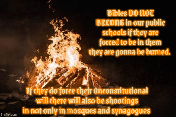 That's not a burning bush | Bibles DO NOT BELONG in our public schools if they are forced to be in them they are gonna be burned. If they do force their unconstitutional will there will also be shootings in not only in mosques and synagogues | image tagged in that's not a burning bush,book burning,burning bibles,maga manipulation,church burning,seperation of church and state | made w/ Imgflip meme maker