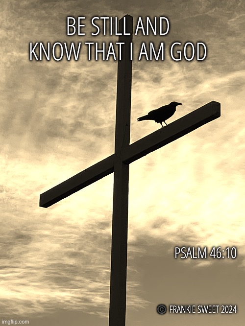 Be still | BE STILL AND KNOW THAT I AM GOD; PSALM 46:10; ©️ FRANKIE SWEET 2024 | image tagged in psalm,stillness,bird,raven,bible verse,cross | made w/ Imgflip meme maker