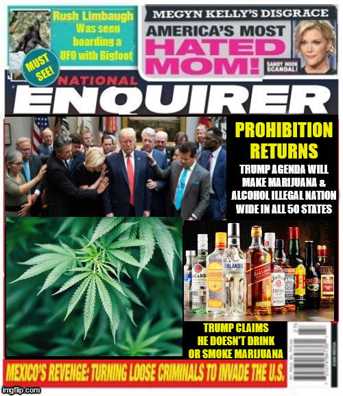 National Enquirer Prohibition Returns | PROHIBITION RETURNS; TRUMP AGENDA WILL MAKE MARIJUANA & ALCOHOL ILLEGAL NATION WIDE IN ALL 50 STATES; TRUMP CLAIMS HE DOESN'T DRINK OR SMOKE MARIJUANA | image tagged in national enquirer prohibition returns,marijuana total ban,alcohol illegal again,church over state,maga monarchy,trump demigod | made w/ Imgflip meme maker