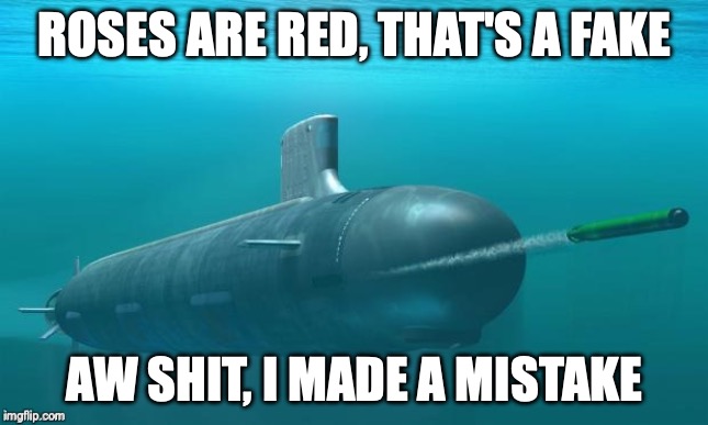 Submarine firing torpedo | ROSES ARE RED, THAT'S A FAKE; AW SHIT, I MADE A MISTAKE | image tagged in submarine firing torpedo | made w/ Imgflip meme maker