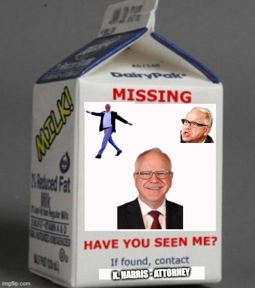 Anyone seen Tim ? | K. HARRIS - ATTORNEY | image tagged in milk carton,leftists,liberals,socialism | made w/ Imgflip meme maker