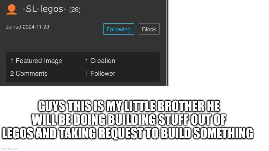 Follow my little brother | GUYS THIS IS MY LITTLE BROTHER HE WILL BE DOING BUILDING STUFF OUT OF LEGOS AND TAKING REQUEST TO BUILD SOMETHING | made w/ Imgflip meme maker