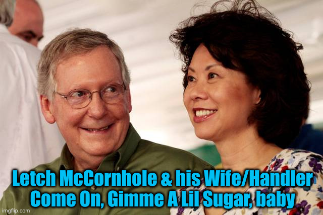 mitch mcconnell and his wife | Letch McCornhole & his Wife/Handler
Come On, Gimme A Lil Sugar, baby | image tagged in mitch mcconnell and his wife | made w/ Imgflip meme maker