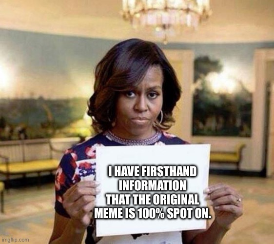 Michelle Obama blank sheet | I HAVE FIRSTHAND INFORMATION THAT THE ORIGINAL MEME IS 100% SPOT ON. | image tagged in michelle obama blank sheet | made w/ Imgflip meme maker