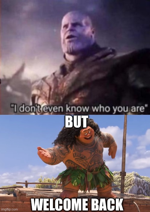 BUT WELCOME BACK | image tagged in thanos i don't even know who you are,you're welcome without subs | made w/ Imgflip meme maker