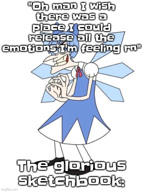 Touhoufenshmirtz | "Oh man I wish there was a place I could release all the emotions I'm feeling rn"; The glorious sketchbook: | image tagged in touhoufenshmirtz | made w/ Imgflip meme maker