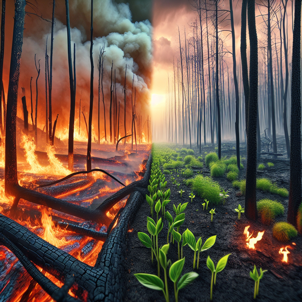 A split image showing a forest fire on one side and new plant gr Blank Meme Template