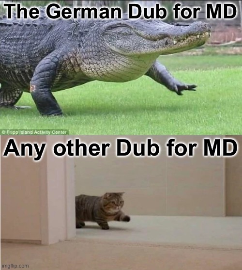 Just Cyn’s voice reminds me of someone… | The German Dub for MD; Any other Dub for MD | image tagged in crocodile and cat walking | made w/ Imgflip meme maker