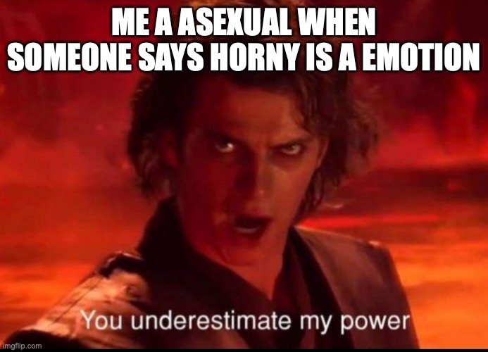 You underestimate my power | ME A ASEXUAL WHEN SOMEONE SAYS HORNY IS A EMOTION | image tagged in you underestimate my power | made w/ Imgflip meme maker