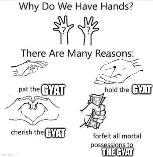 GYATT | GYAT; GYAT; GYAT; THE GYAT | image tagged in why do we have hands | made w/ Imgflip meme maker