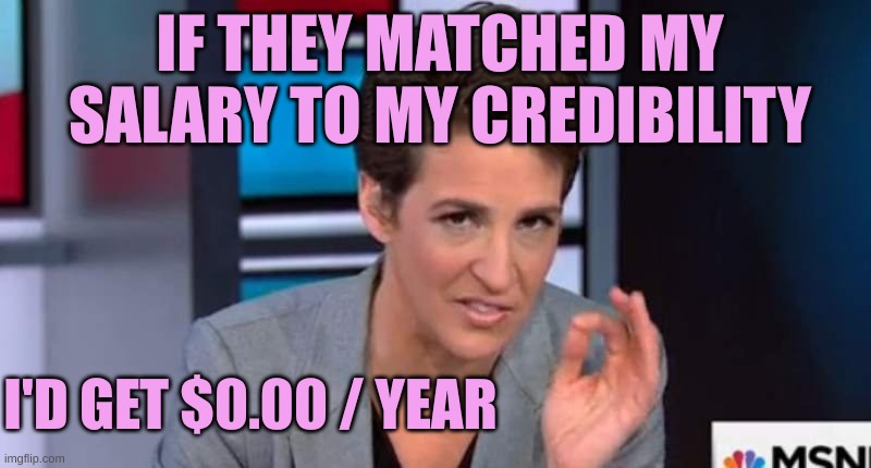 Make it match her credibility | IF THEY MATCHED MY SALARY TO MY CREDIBILITY; I'D GET $0.00 / YEAR | image tagged in rachel maddow | made w/ Imgflip meme maker