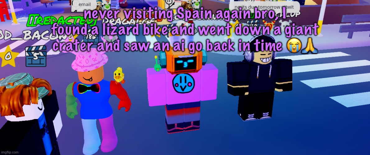 The RGB Trio (real) | never visiting Spain again bro, I found a lizard bike and went down a giant crater and saw an ai go back in time 😭🙏 | image tagged in the rgb trio real,cinnabox announcement | made w/ Imgflip meme maker