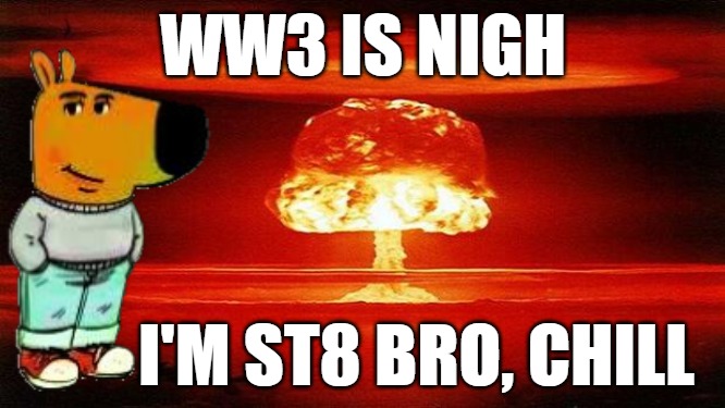 Atomic Bomb | WW3 IS NIGH; I'M ST8 BRO, CHILL | image tagged in atomic bomb | made w/ Imgflip meme maker